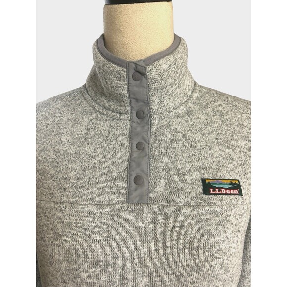 LL Bean Women’s Fleece Pullover SP Gray Heather Snap Front Sweater Knit Jacket - Picture 2 of 8